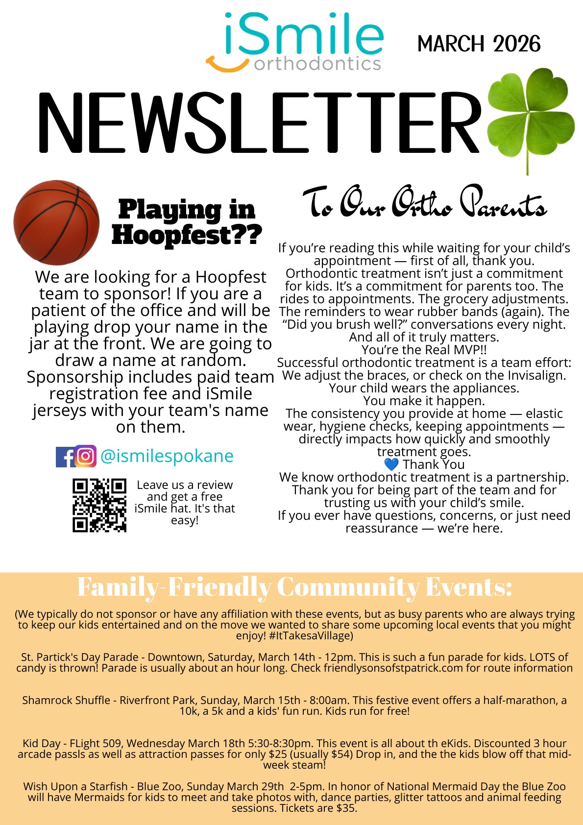 iSmile Orthodontics March 2026 newsletter featuring a basketball graphic, highlighting sponsorship opportunities for Hoopfest, and emphasizing community engagement and orthodontic care in Spokane.
